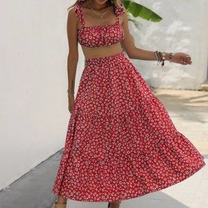 Floral Print Cami Top & maxi Skirt Set red